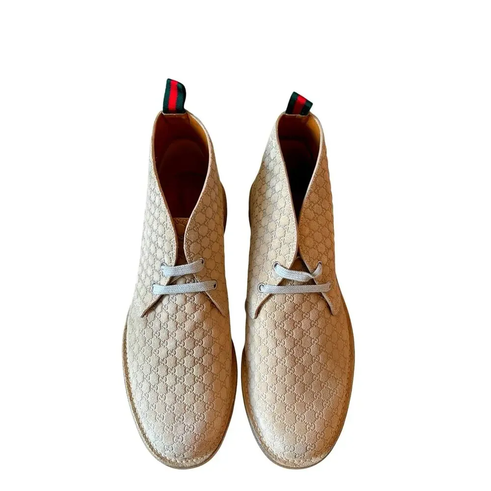 Authentic Gucci GG Monogram Beige Suede Ankle Boots 831283 Men's 11 US 11.5 NEW
